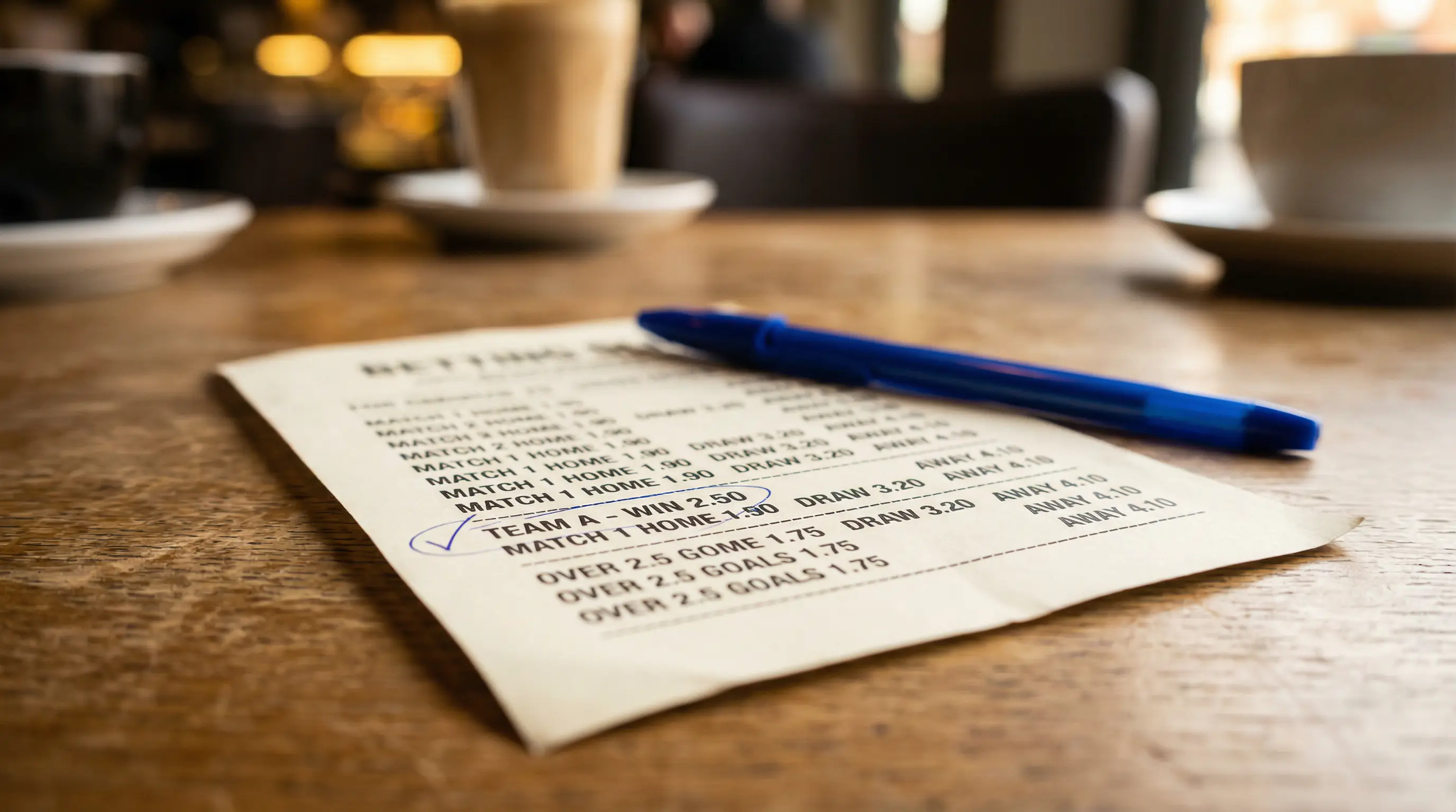Boleto de apuestas de fútbol con una selección marcada junto a un bolígrafo sobre una mesa de madera