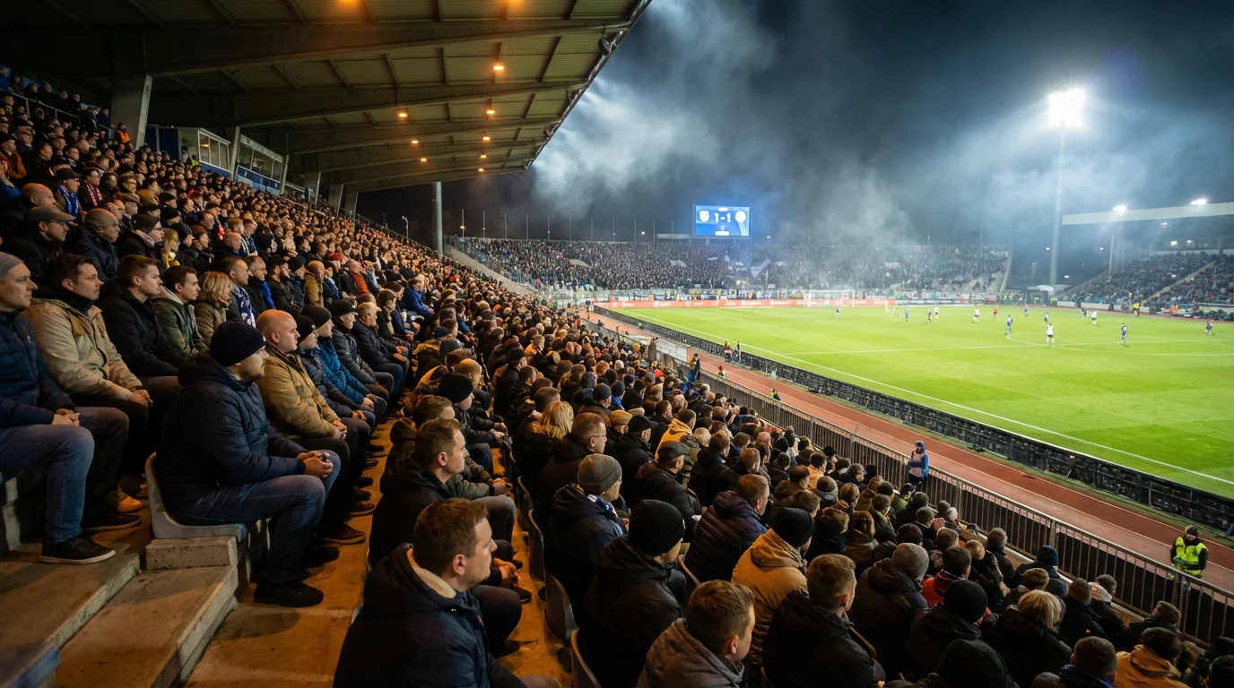 Aficionados viendo un partido de fútbol en vivo en un estadio con marcador electrónico al fondo
