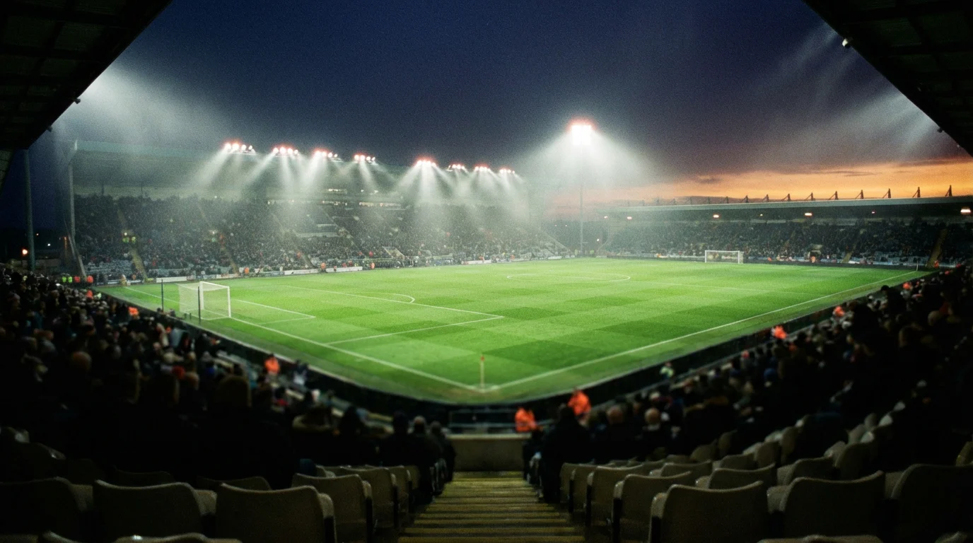 Estadio de fútbol iluminado con césped verde visto desde la grada durante un partido nocturno