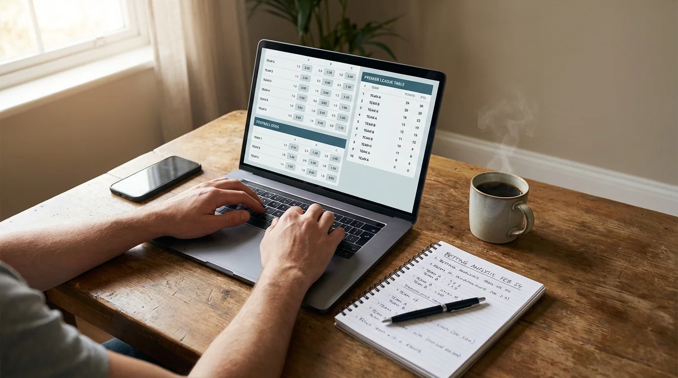 Persona analizando cuotas de apuestas de fútbol en una pantalla de ordenador portátil con notas escritas a mano