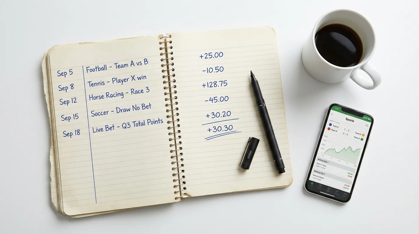Cuaderno de registro de apuestas deportivas con anotaciones de stake y resultados junto a un bolígrafo