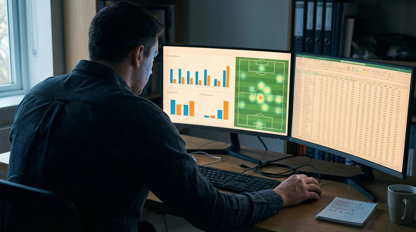 Analista deportivo revisando estadísticas de fútbol con gráficos de rendimiento en dos monitores
